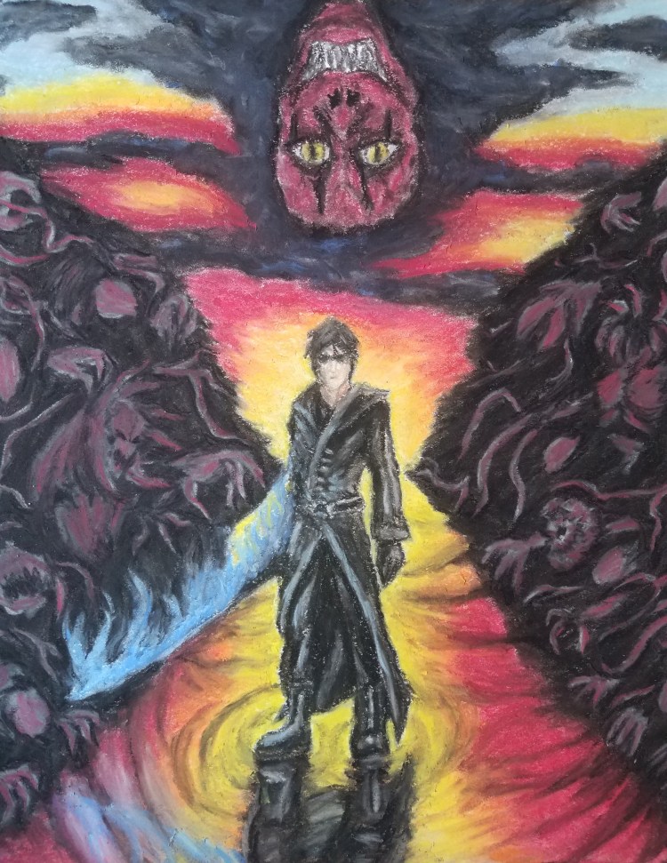 A man in black with a blue flaming sword stands in water that reflects the sunset behind him. A creepy face looms upsidedown in the sky, and demons swarm from both sides.